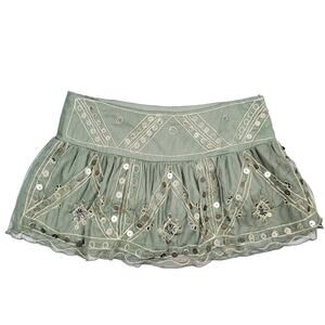 Aziza Olive Green Embroidered Sequin Mini Skirt Boho XS Y2K Coastal Festival